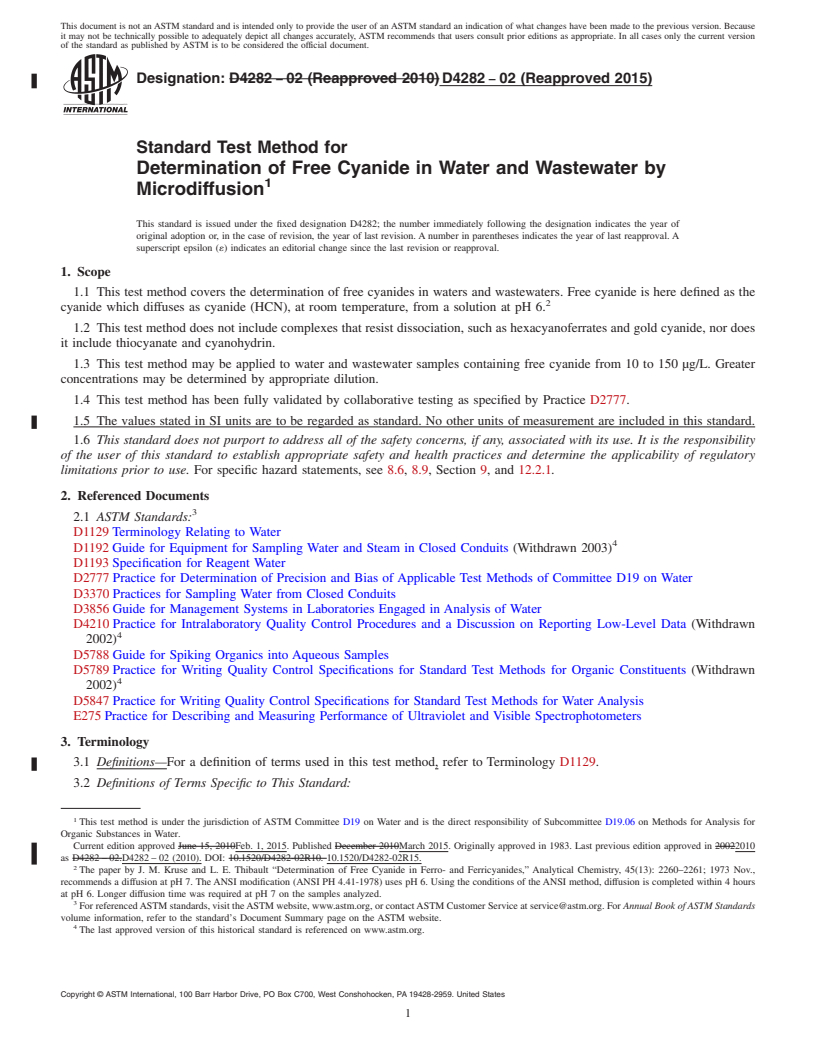 REDLINE ASTM D4282-02(2015) - Standard Test Method for  Determination of Free Cyanide in Water and Wastewater by Microdiffusion