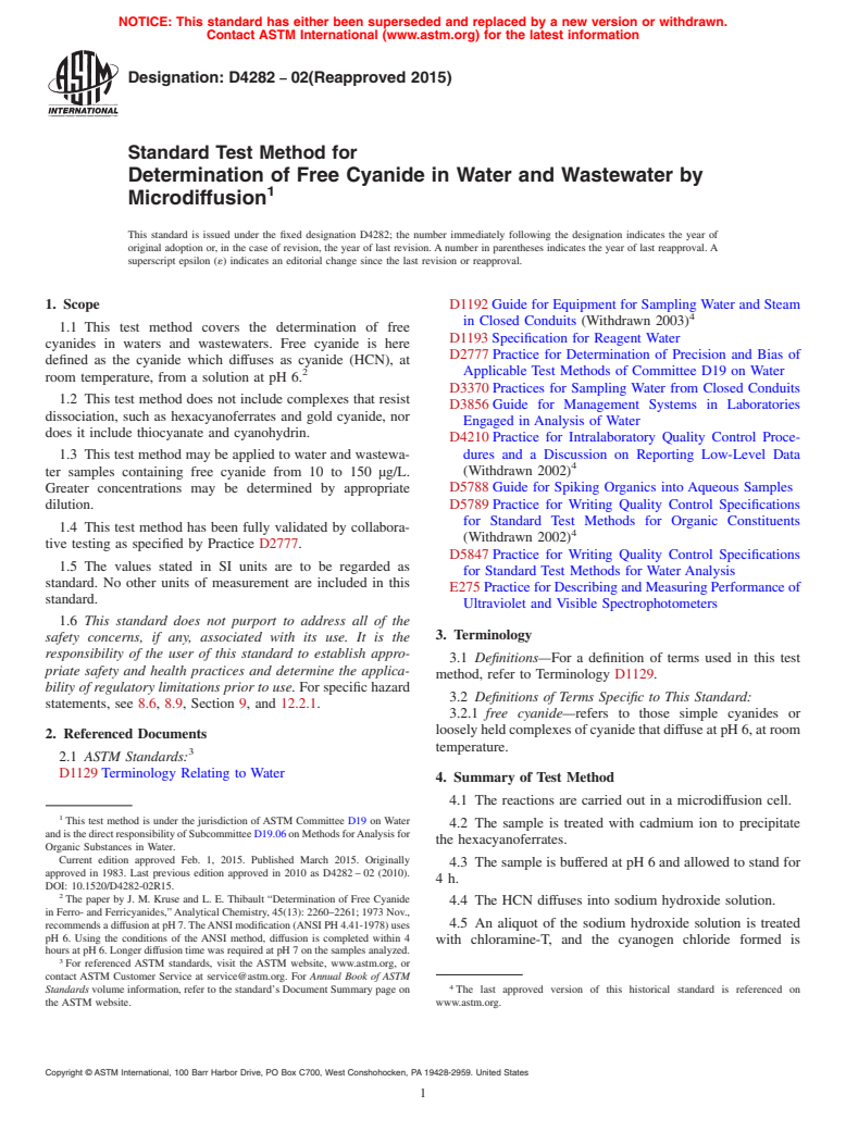 ASTM D4282-02(2015) - Standard Test Method for  Determination of Free Cyanide in Water and Wastewater by Microdiffusion