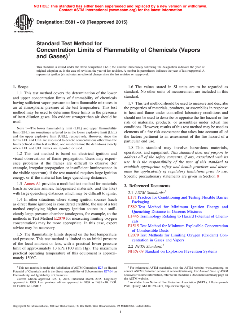 ASTM E681-09(2015) - Standard Test Method for  Concentration Limits of Flammability of Chemicals (Vapors and  Gases)