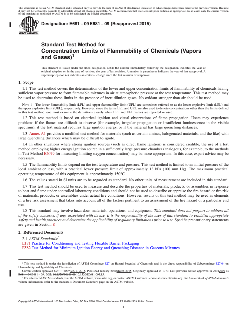 REDLINE ASTM E681-09(2015) - Standard Test Method for  Concentration Limits of Flammability of Chemicals (Vapors and  Gases)