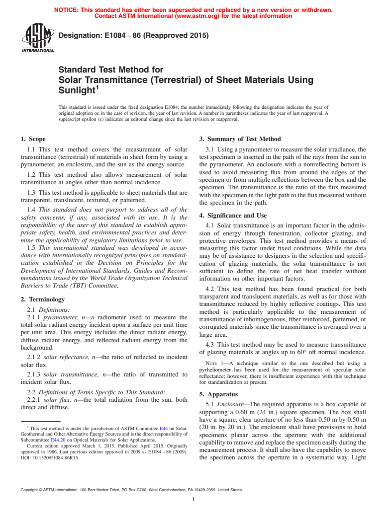 ASTM E1084-86(2015) - Standard Test Method for  Solar Transmittance (Terrestrial) of Sheet Materials Using  Sunlight