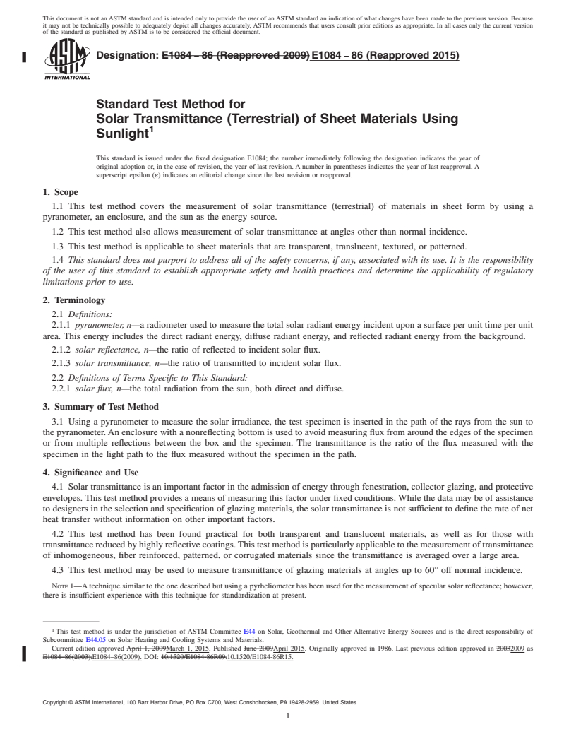 REDLINE ASTM E1084-86(2015) - Standard Test Method for  Solar Transmittance (Terrestrial) of Sheet Materials Using  Sunlight