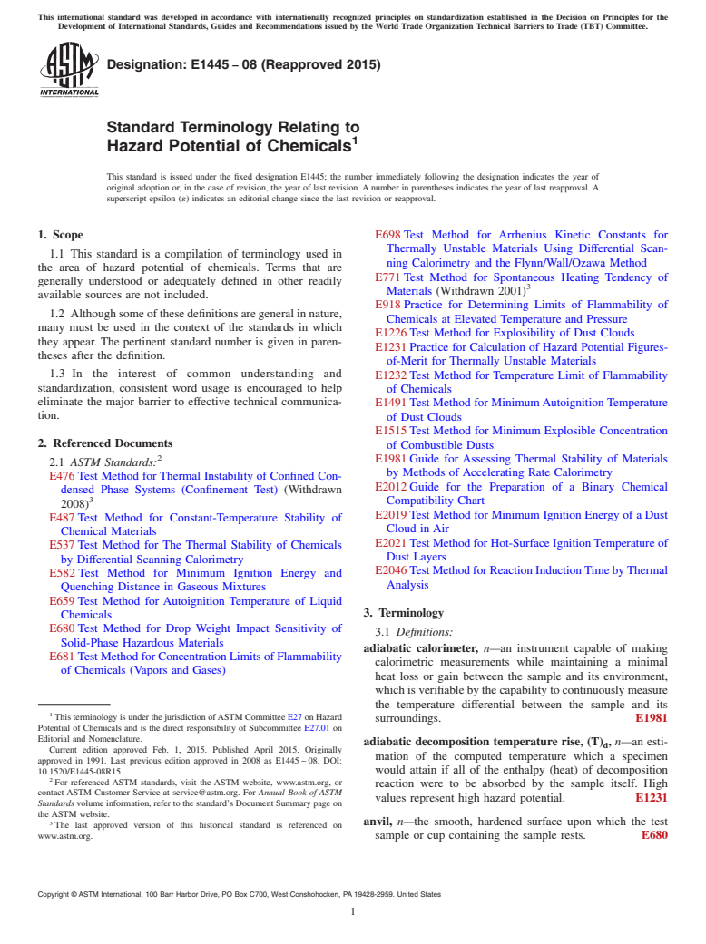 ASTM E1445-08(2015) - Standard Terminology Relating to  Hazard Potential of Chemicals