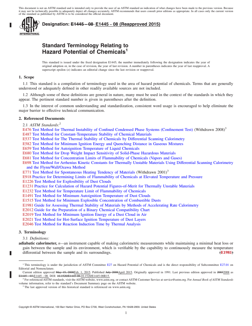 REDLINE ASTM E1445-08(2015) - Standard Terminology Relating to  Hazard Potential of Chemicals