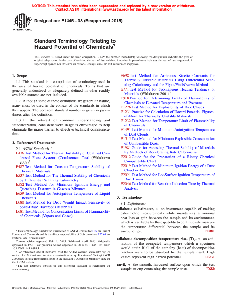 ASTM E1445-08(2015) - Standard Terminology Relating to  Hazard Potential of Chemicals