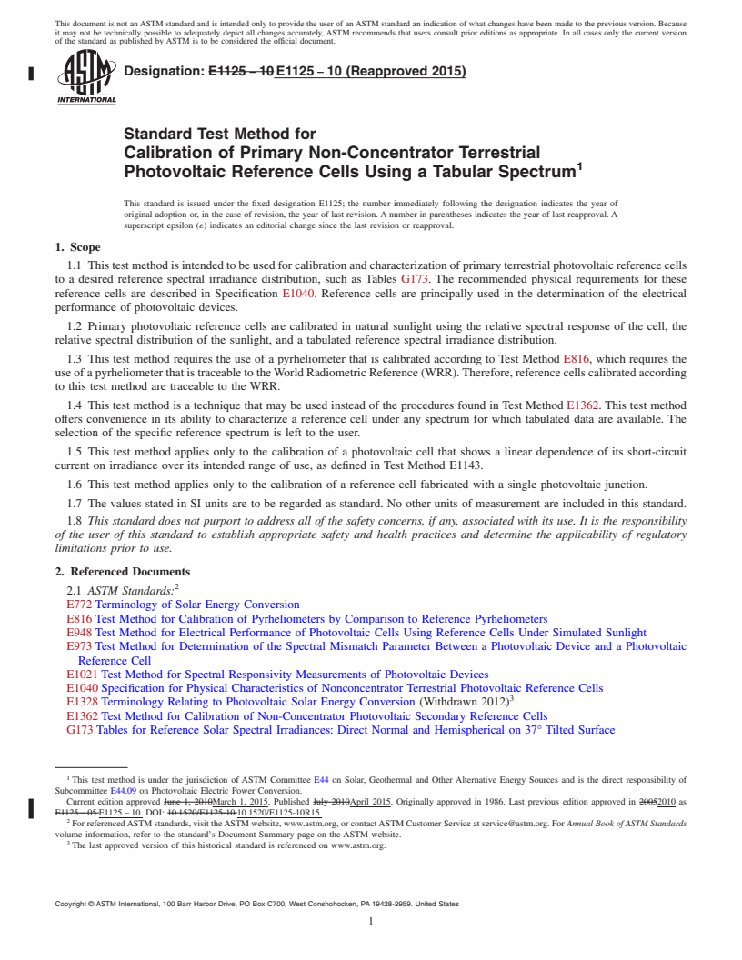 REDLINE ASTM E1125-10(2015) - Standard Test Method for  Calibration of Primary Non-Concentrator Terrestrial Photovoltaic  Reference Cells Using a Tabular Spectrum