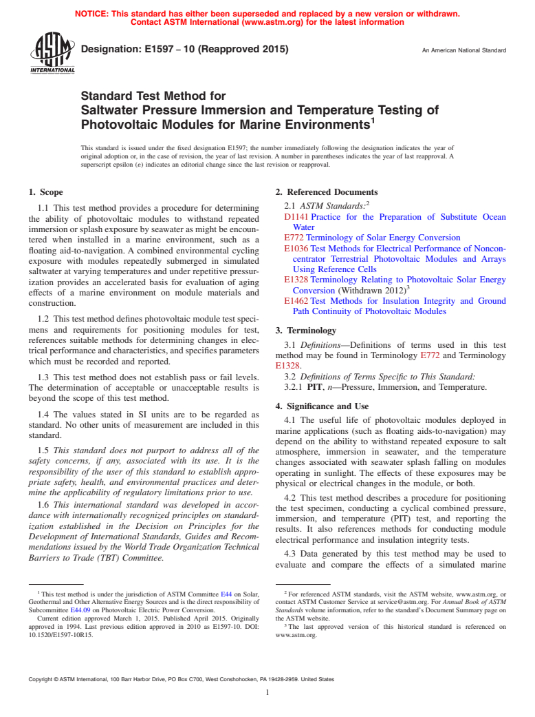 ASTM E1597-10(2015) - Standard Test Method for  Saltwater Pressure Immersion and Temperature Testing of Photovoltaic  Modules for Marine Environments