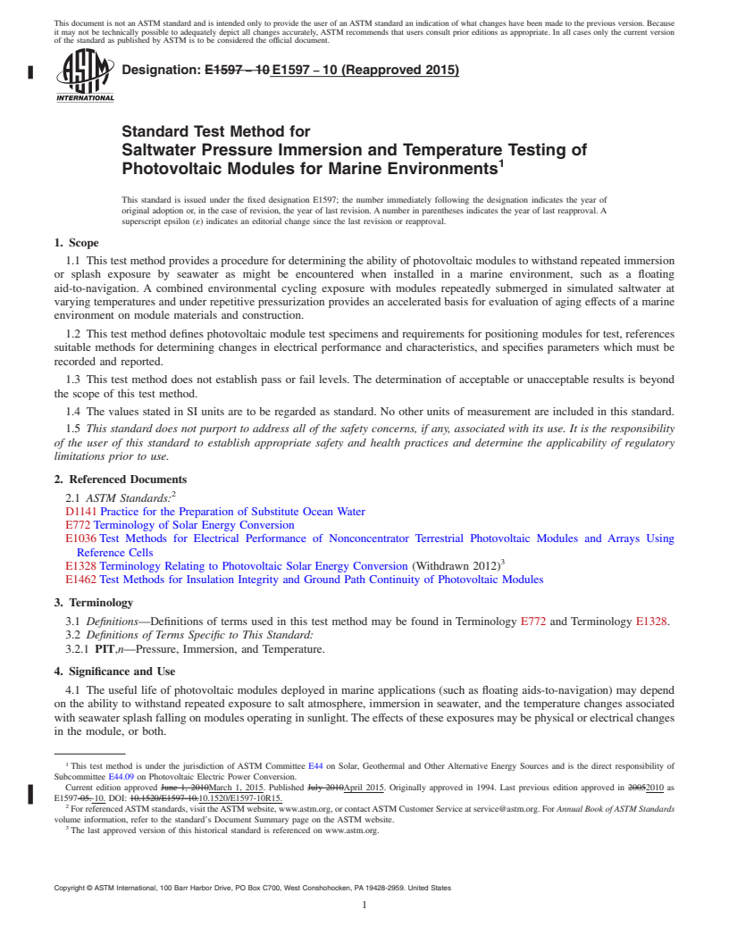 REDLINE ASTM E1597-10(2015) - Standard Test Method for  Saltwater Pressure Immersion and Temperature Testing of Photovoltaic  Modules for Marine Environments