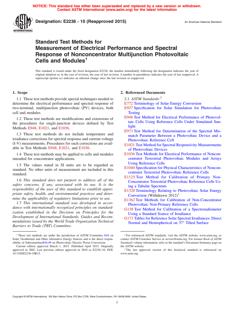 ASTM E2236-10(2015) - Standard Test Methods for  Measurement of Electrical Performance and Spectral Response  of Nonconcentrator Multijunction Photovoltaic Cells and Modules