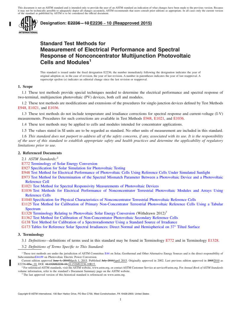 REDLINE ASTM E2236-10(2015) - Standard Test Methods for  Measurement of Electrical Performance and Spectral Response  of Nonconcentrator Multijunction Photovoltaic Cells and Modules