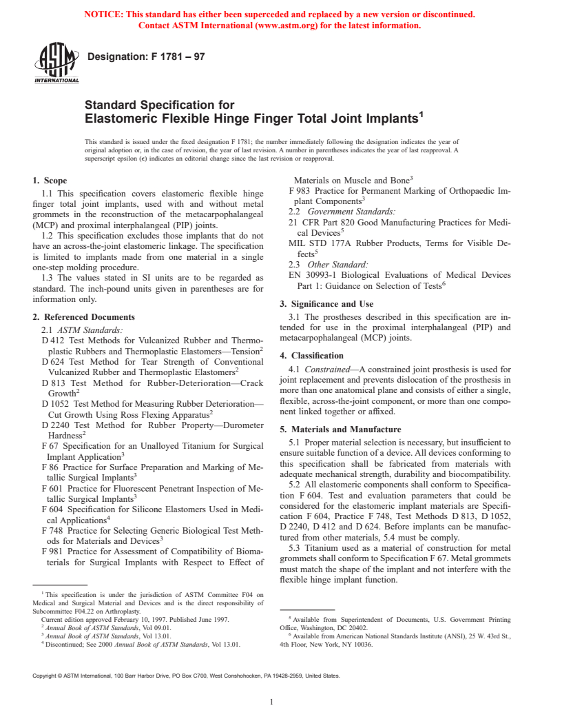 ASTM F1781-97 - Standard Specification for Elastomeric Flexible Hinge Finger Total Joint Implants