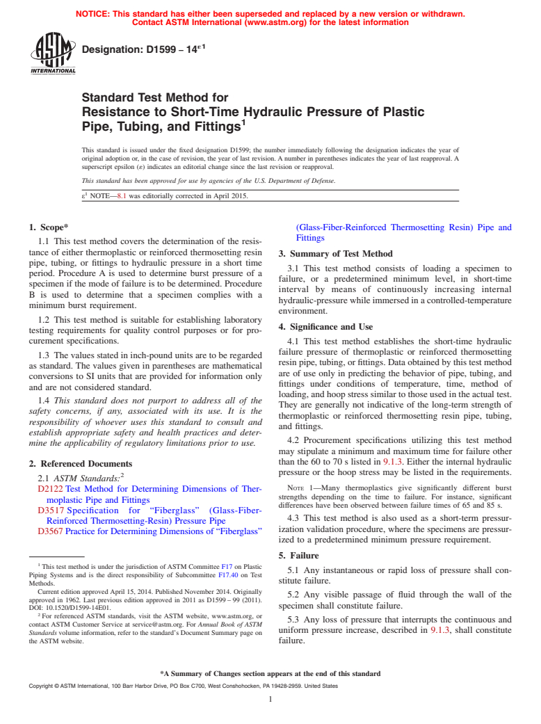 ASTM D1599-14e1 - Standard Test Method for  Resistance to Short-Time Hydraulic Pressure of Plastic Pipe,   Tubing, and Fittings