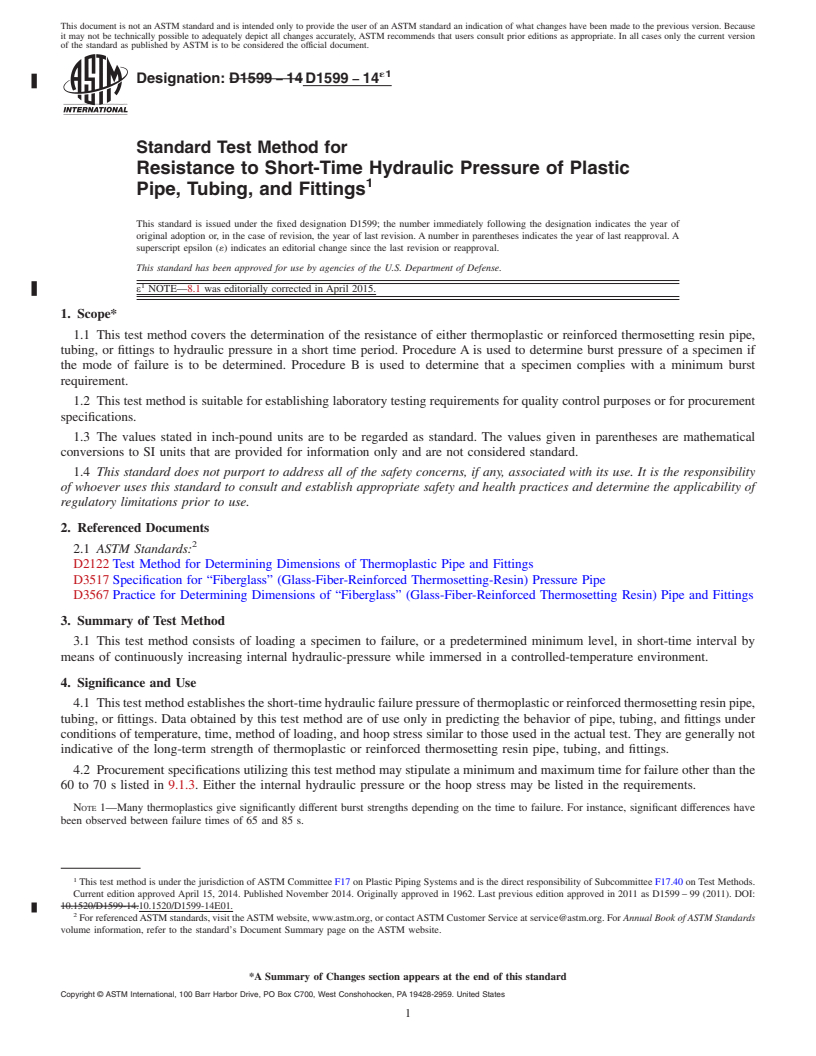 REDLINE ASTM D1599-14e1 - Standard Test Method for  Resistance to Short-Time Hydraulic Pressure of Plastic Pipe,   Tubing, and Fittings