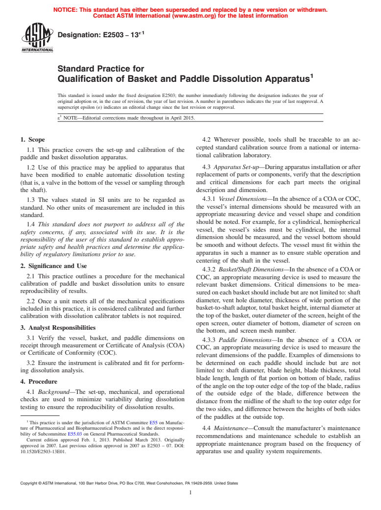 ASTM E2503-13e1 - Standard Practice for  Qualification of Basket and Paddle Dissolution Apparatus