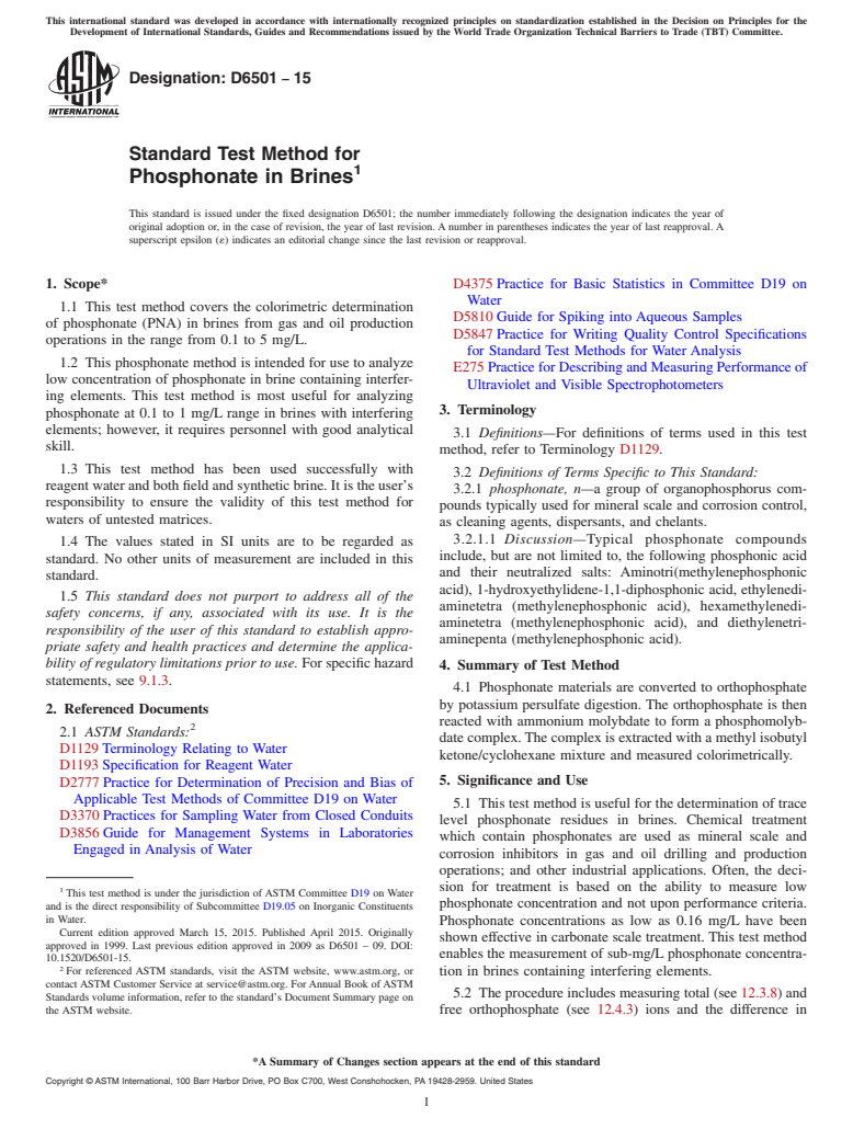 ASTM D6501-15 - Standard Test Method for  Phosphonate in Brines