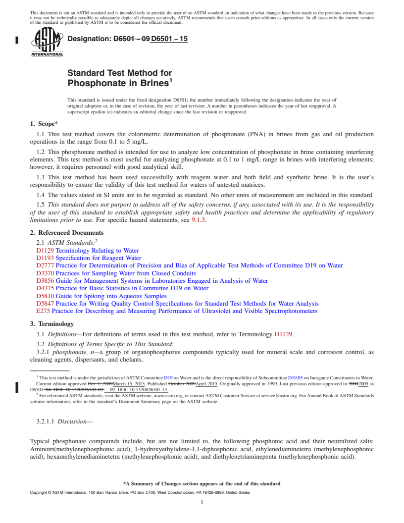 REDLINE ASTM D6501-15 - Standard Test Method for  Phosphonate in Brines