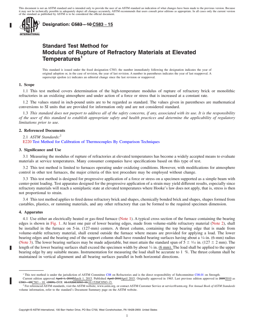 REDLINE ASTM C583-15 - Standard Test Method for Modulus of Rupture of Refractory Materials at Elevated Temperatures