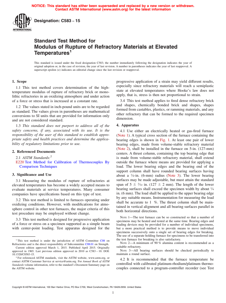 ASTM C583-15 - Standard Test Method for Modulus of Rupture of Refractory Materials at Elevated Temperatures