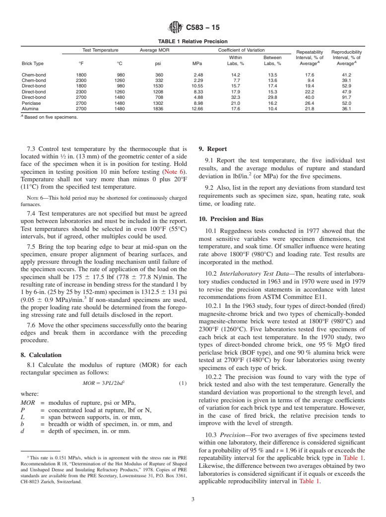 ASTM C583-15 - Standard Test Method for Modulus of Rupture of Refractory Materials at Elevated Temperatures