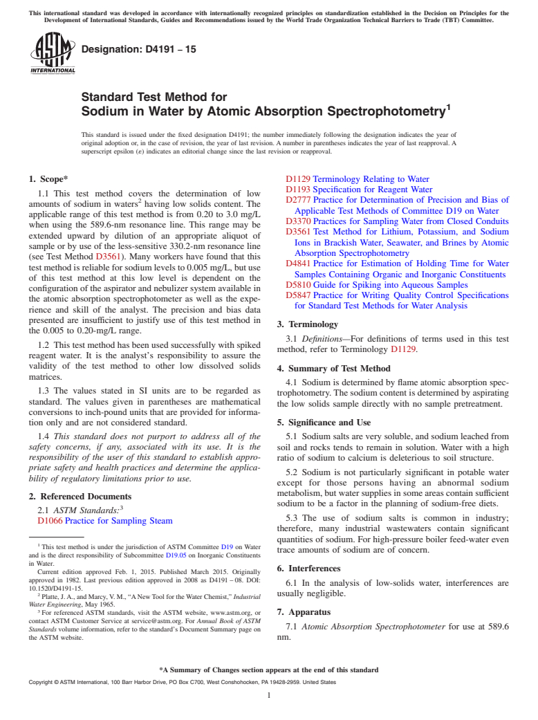 ASTM D4191-15 - Standard Test Method for  Sodium in Water by Atomic Absorption Spectrophotometry