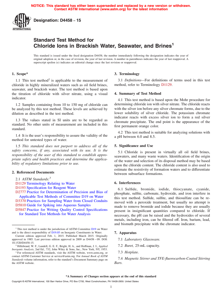 ASTM D4458-15 - Standard Test Method for  Chloride Ions in Brackish Water, Seawater, and Brines