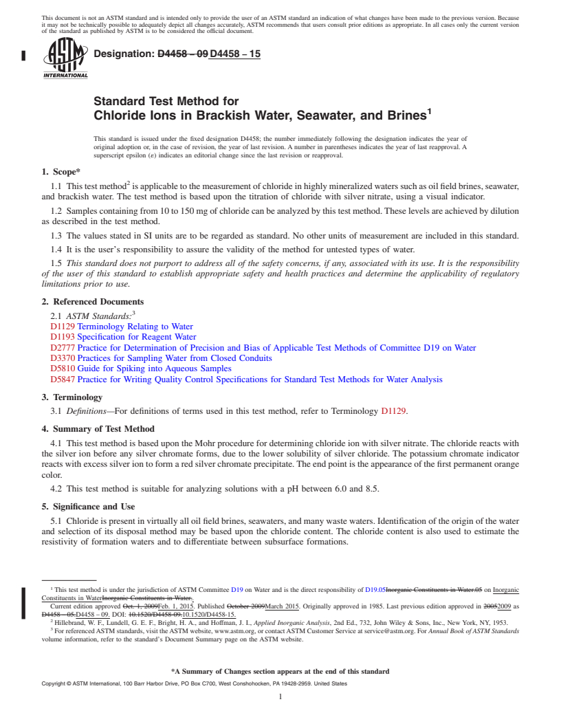 REDLINE ASTM D4458-15 - Standard Test Method for  Chloride Ions in Brackish Water, Seawater, and Brines