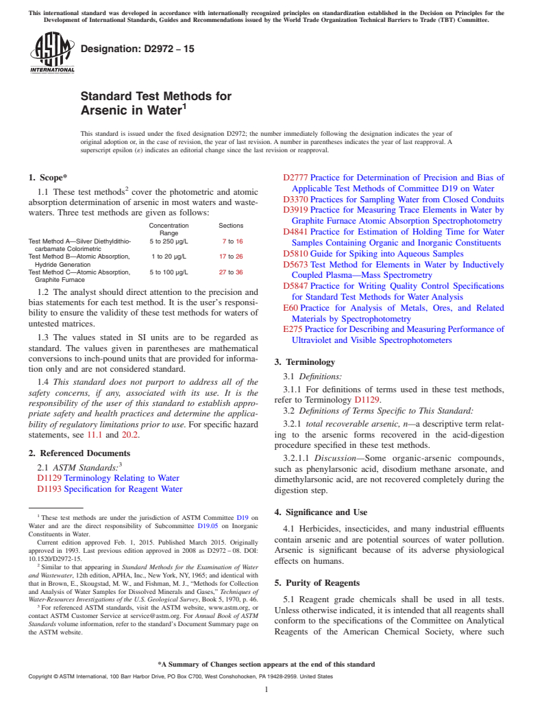 ASTM D2972-15 - Standard Test Methods for  Arsenic in Water