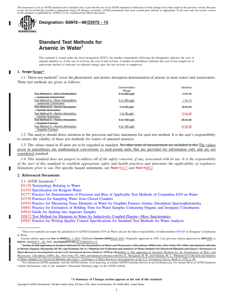 REDLINE ASTM D2972-15 - Standard Test Methods for  Arsenic in Water