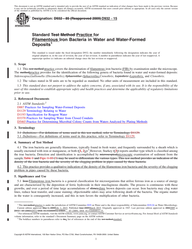 REDLINE ASTM D932-15 - Standard Practice for  Filamentous Iron Bacteria in Water and Water-Formed Deposits