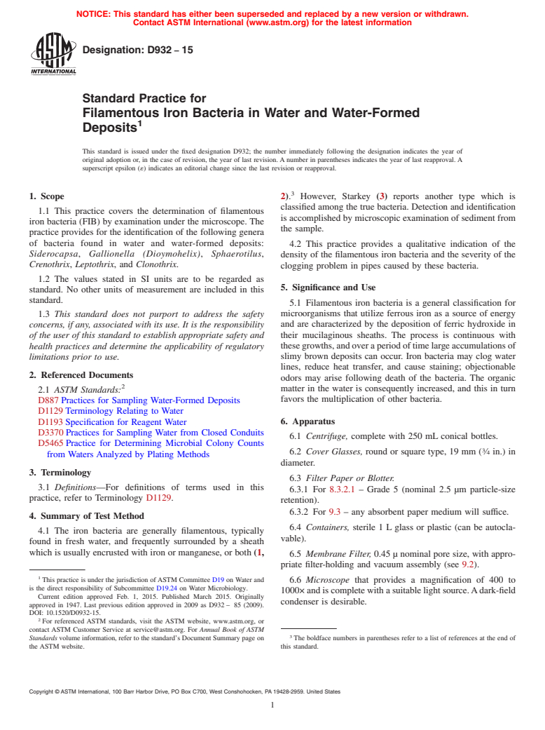 ASTM D932-15 - Standard Practice for  Filamentous Iron Bacteria in Water and Water-Formed Deposits