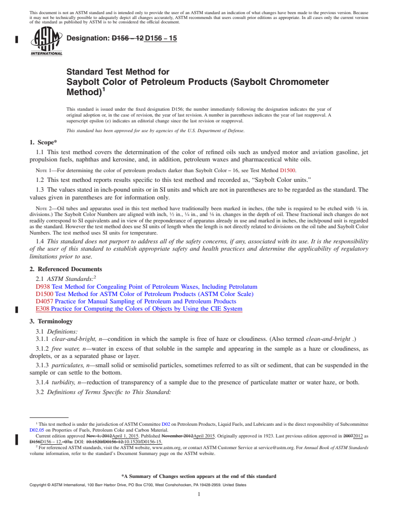 REDLINE ASTM D156-15 - Standard Test Method for Saybolt Color of Petroleum Products (Saybolt Chromometer Method)