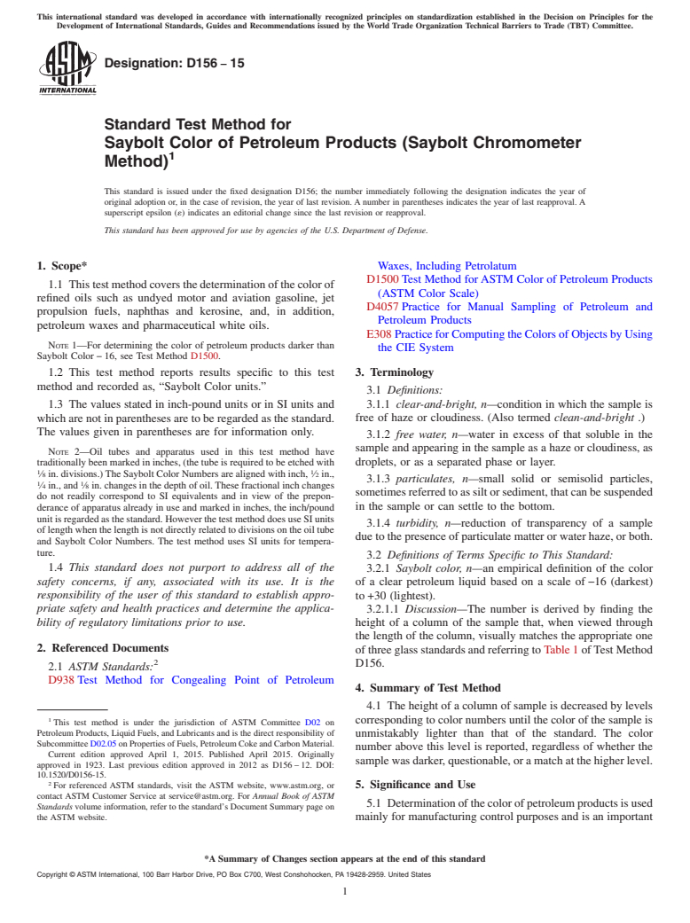 ASTM D156-15 - Standard Test Method for Saybolt Color of Petroleum Products (Saybolt Chromometer Method)