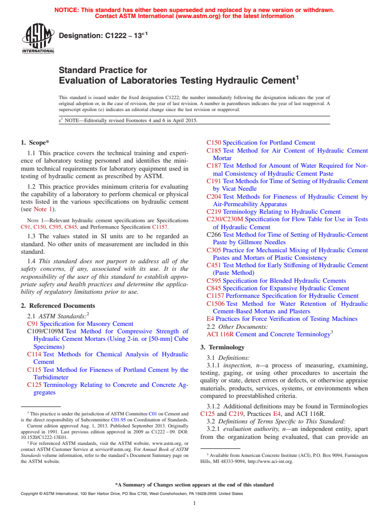 ASTM C1222-13e1 - Standard Practice for  Evaluation of Laboratories Testing Hydraulic Cement