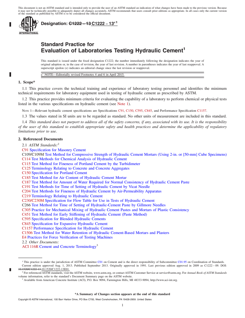 REDLINE ASTM C1222-13e1 - Standard Practice for  Evaluation of Laboratories Testing Hydraulic Cement