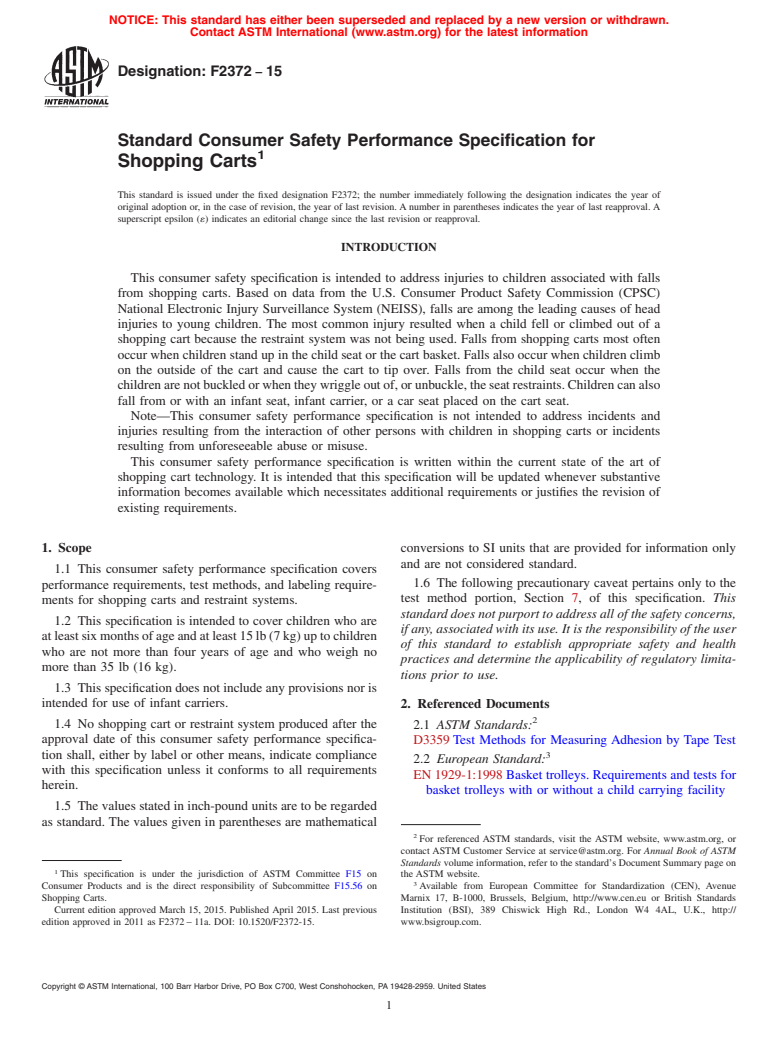 ASTM F2372-15 - Standard Consumer Safety Performance Specification for Shopping Carts