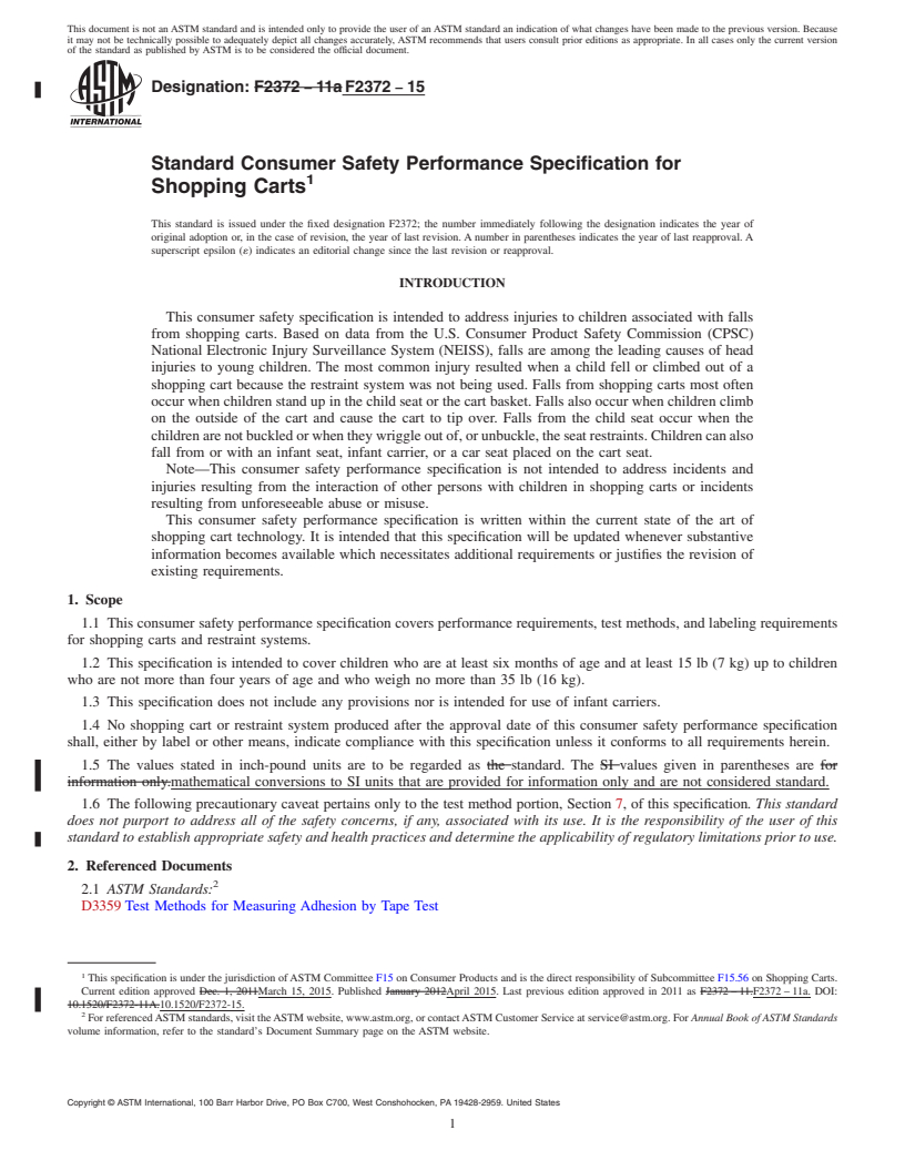 REDLINE ASTM F2372-15 - Standard Consumer Safety Performance Specification for Shopping Carts