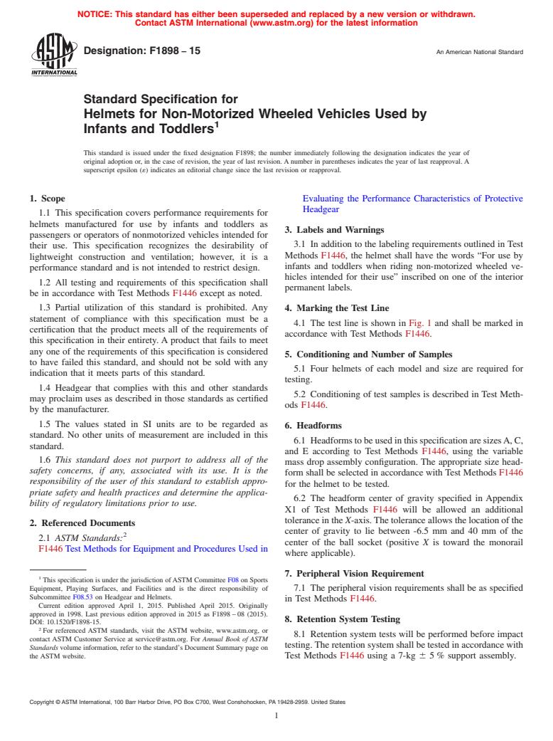 ASTM F1898-15 - Standard Specification for  Helmets for Non-Motorized Wheeled Vehicles Used by Infants  and Toddlers