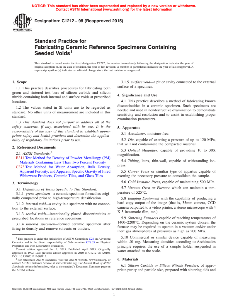 ASTM C1212-98(2015) - Standard Practice for  Fabricating Ceramic Reference Specimens Containing Seeded Voids (Withdrawn 2018)