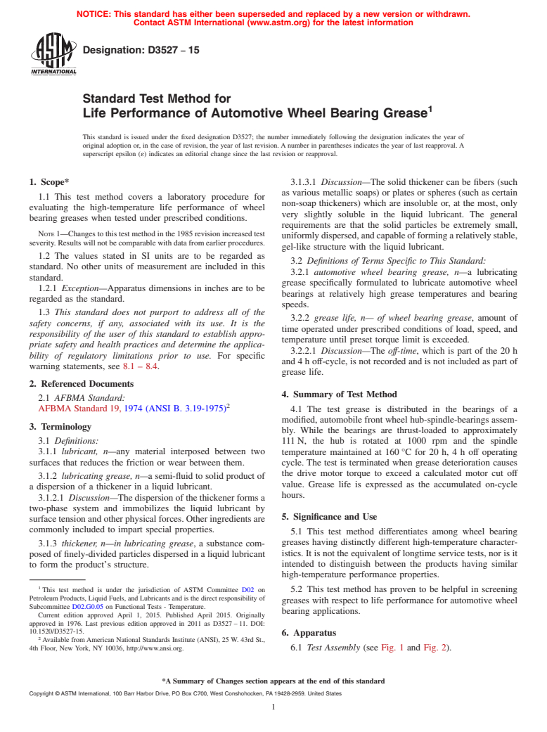 ASTM D3527-15 - Standard Test Method for  Life Performance of Automotive Wheel Bearing Grease