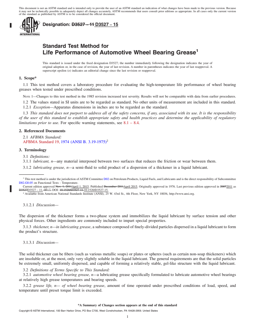 REDLINE ASTM D3527-15 - Standard Test Method for  Life Performance of Automotive Wheel Bearing Grease