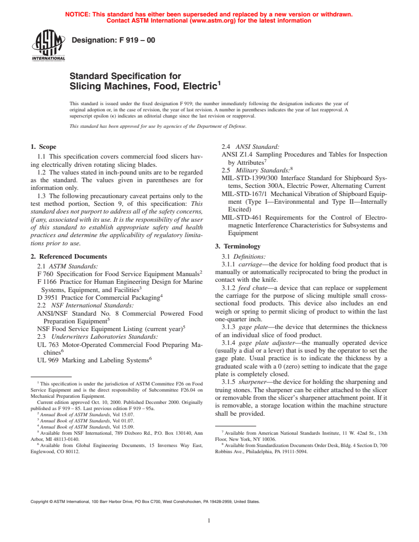 ASTM F919-00 - Standard Specification for Slicing Machines, Food, Electric