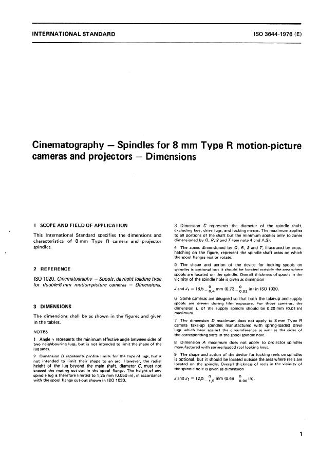 ISO 3644:1976 - Cinematography -- Spindles for 8 mm Type R motion-picture cameras and projectors -- Dimensions