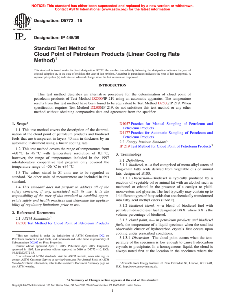 ASTM D5772-15 - Standard Test Method for  Cloud Point of Petroleum Products (Linear Cooling Rate Method)