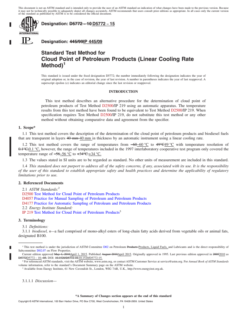 REDLINE ASTM D5772-15 - Standard Test Method for  Cloud Point of Petroleum Products (Linear Cooling Rate Method)