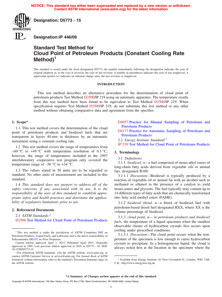 ASTM D5773-15 - Standard Test Method for  Cloud Point of Petroleum Products (Constant Cooling Rate Method)