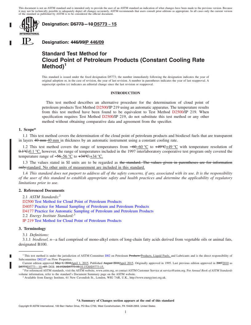 REDLINE ASTM D5773-15 - Standard Test Method for  Cloud Point of Petroleum Products (Constant Cooling Rate Method)