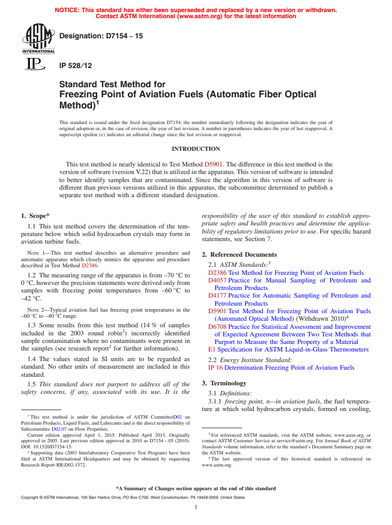 ASTM D715415 Standard Test Method for Freezing Point of Aviation