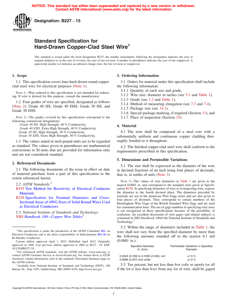 ASTM B227-15 - Standard Specification for Hard-Drawn Copper-Clad Steel Wire