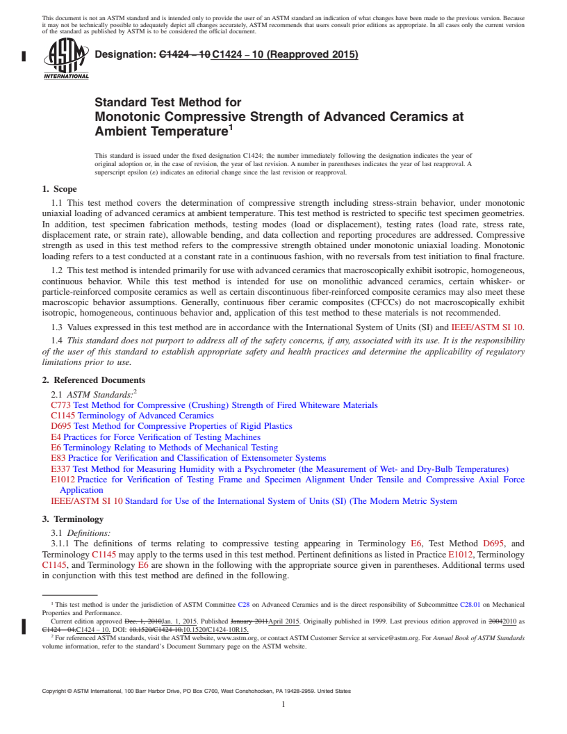 REDLINE ASTM C1424-10(2015) - Standard Test Method for Monotonic Compressive Strength of Advanced Ceramics at Ambient   Temperature