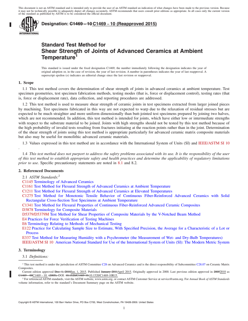 REDLINE ASTM C1469-10(2015) - Standard Test Method for Shear Strength of Joints of Advanced Ceramics at Ambient Temperature